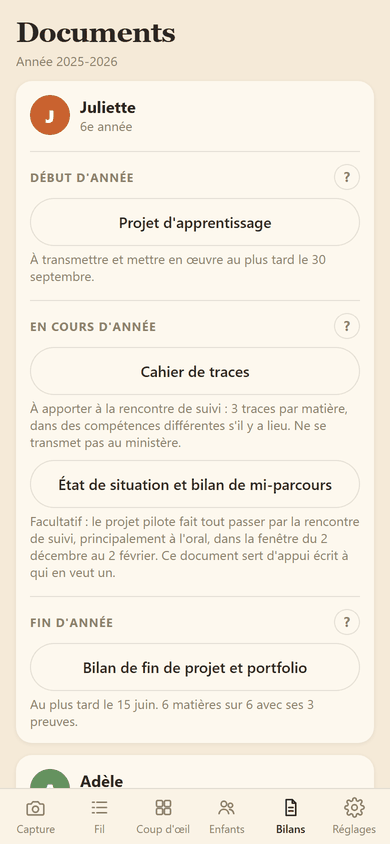 La liste des documents par moment de l'année